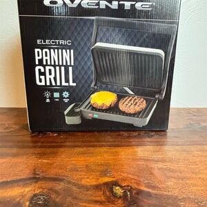 Ovente Electric Panini Grill 1000W 2-Slice Non-Stick Black